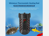 A miniature thermostatic aquarium heating rod shown against a blue water-themed background with a turtle, fish, and text describing its safe heating feature.